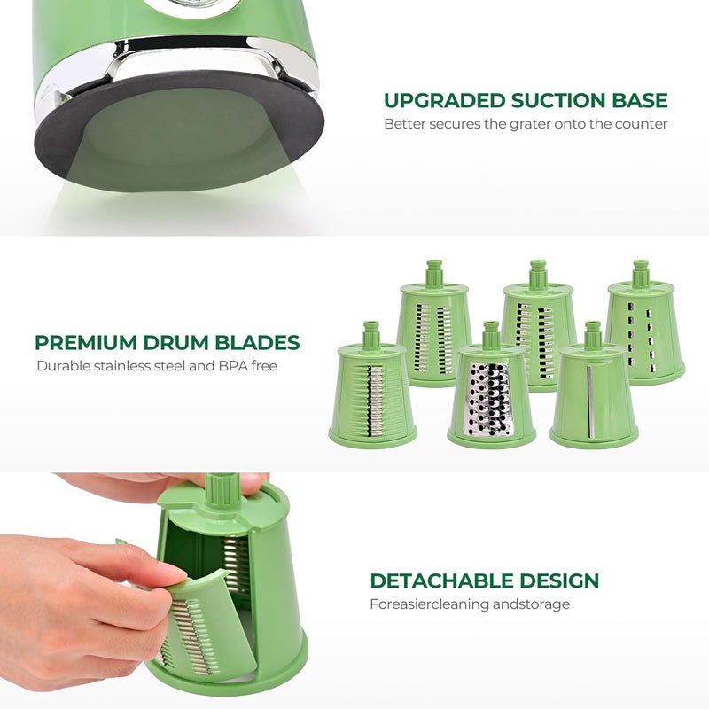 susteas Rotary Cheese Grater with Handle,Vegetable Slicer with 6 Interchangeable Blades, Reinforced Suction,Easy to Clean,Kitchen Chopper for Crushed Ice,Fruits and Nuts with Blade Storage Case,Green - Image 2